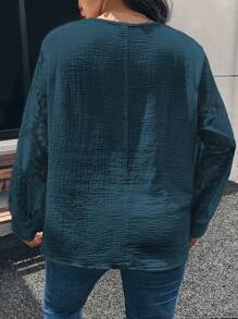 SHEIN Frenchy Plus Size Shell Collar Contrast Lace Sleeve Pullover Shirt - Navy Blue - View 2