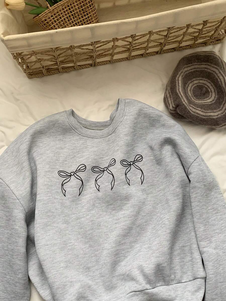 DAZY 宽松保暖内衬圆领运动衫，带蝴蝶结装饰，适合女士秋季服装 - 灰色 - 查看 1