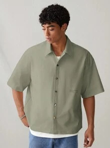 Manfinity VCAY Áo thun polo tay ngắn in họa tiết tiếng Anh dáng rộng thoải mái cho nam, thích hợp mặc hàng ngày - màu xanh lá - Xem 2