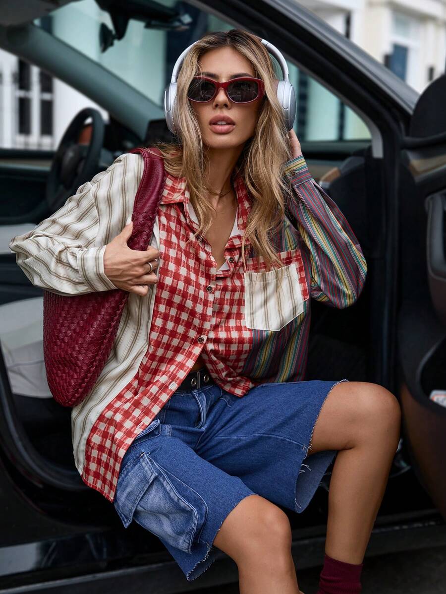 GENKIRA Áo sơ mi tay dài kẻ caro chắp vá hai túi thường ngày cho nữ, mùa thu - Nhiều màu - Xem 1