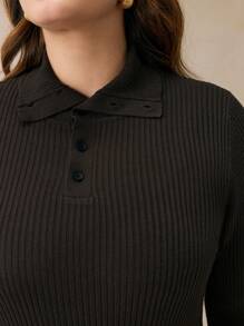 BizChic Áo len dệt kim cổ polo tay dài màu trơn cỡ lớn cho nữ, mùa thu/đông - Cà phê nâu - Xem 5