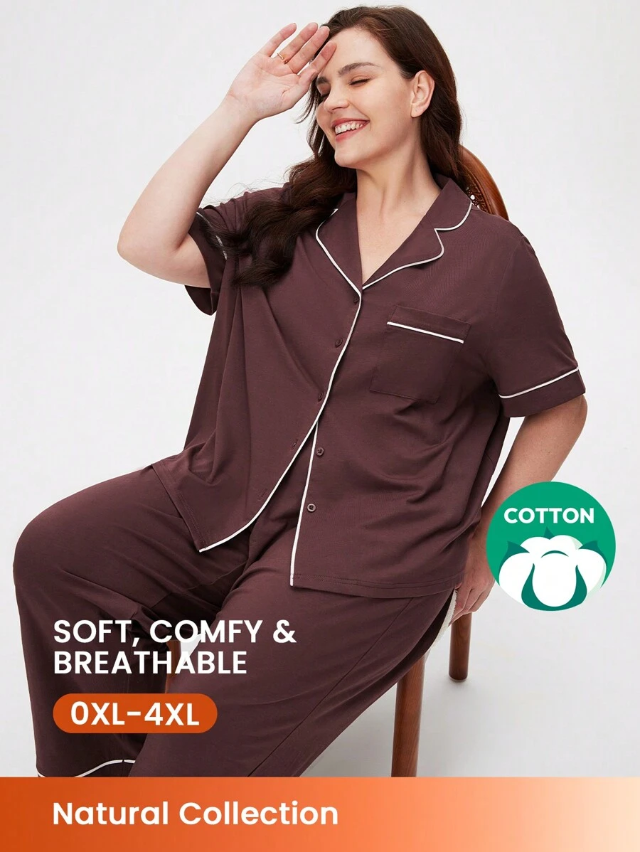 LUVLETTE Bộ đồ ngủ nữ cỡ lớn, chất liệu cotton mềm mại, màu đỏ, tay ngắn và quần dài, thích hợp mặc ở nhà. - Rỉ Nâu - Xem 1