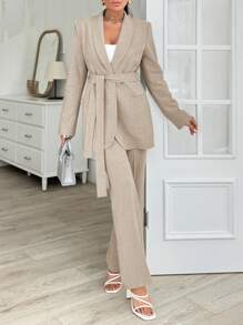 EURMUSE Grey Long Jacket And Straight Pant Two Pieces - Beige - View 4