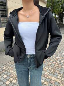 SHEIN EZwear Áo hoodie lót lông cừu có khóa kéo vai mới dành cho nữ - màu đen - Xem 5