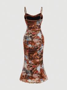 SHEIN MOD Đầm maxi in họa tiết tranh cổ điển cỡ lớn cho nữ có viền xếp nếp - Nhiều màu - Xem 2