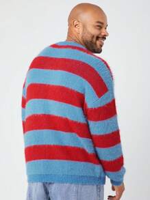 Manfinity NXTstreet Suéter de cuello redondo de manga larga, de corte holgado, a rayas, suave y esponjoso para hombres de talla grande