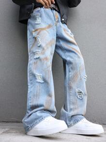 Manfinity EMRG Men's Casual Ripped Distressed Print Loose Fit Washed Denim Jeans, Autumn Light Blue Jeans, For Husband, Boyfriend Gifts - Blue - View 3