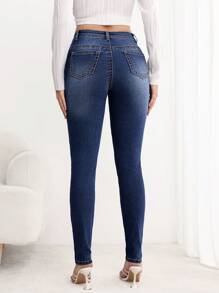 SHEIN LUNE Jeans de mezclilla minimalistas con bolsillo y botones frontales para mujer, uso casual diario