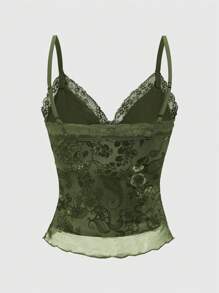 ROMWE Fairycore Áo hai dây ren họa tiết Paisley cổ điển thời trang dành cho nữ - xanh quân đội - Xem 2