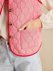 Poéselle Red Plaid Vest,Fall Women Clothes,Women Vest,Fall Jackets,Winter Coat,Winter Women Clothes,Red Border Vest, Red Jacket, Padded Lining, Good Warmth, Bohemian Style, Suitable For Daily Street, Holiday, Home Wear FW24