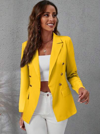 EMERY ROSE Casual Commute Plain Double Breasted Blazer Fall Cloth For Women