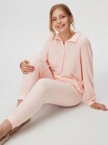LUVLETTE Women Pink Winter Soft Waffle Collared Button Pullover Long Pajama Loungewear Lightweight Set Lounge Set Sport Casual Comfy Outfits Activewear Lingerie As Outerwear - Baby Pink - View 6