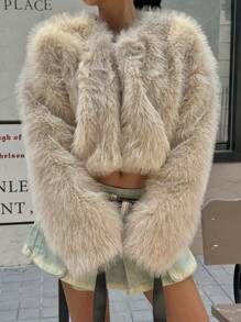 SHEIN EZwear 秋冬女士米色蓬松短款外套 - 杏色 - 查看 5