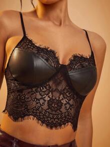 Hauture PU Leather Bust Lace Cami Corset Top - Black - View 5