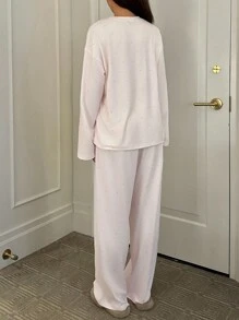 DAZY Cat Print Polka Dot Loose Pajama Set, Fall Winter Clothes