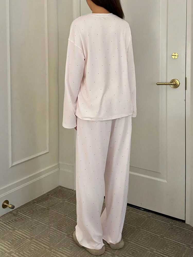 Cat Print Polka Dot Loose Pajama Set, Fall Winter Clothes