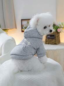 PETSIN 1pc Pet Autumn/Winter Grey Fleece Thick Hoodie Sweatshirt With New York Flower Embroidered Pattern, Casual Style Dog Coat