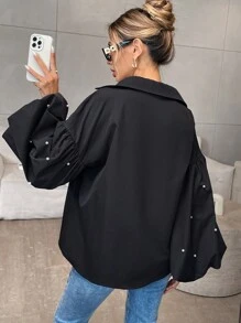 Firerie 1 chiếc áo cánh tay bồng màu trơn cho nữ cài nút phía trước có hạt cườm xếp nếp - màu đen - Xem 2