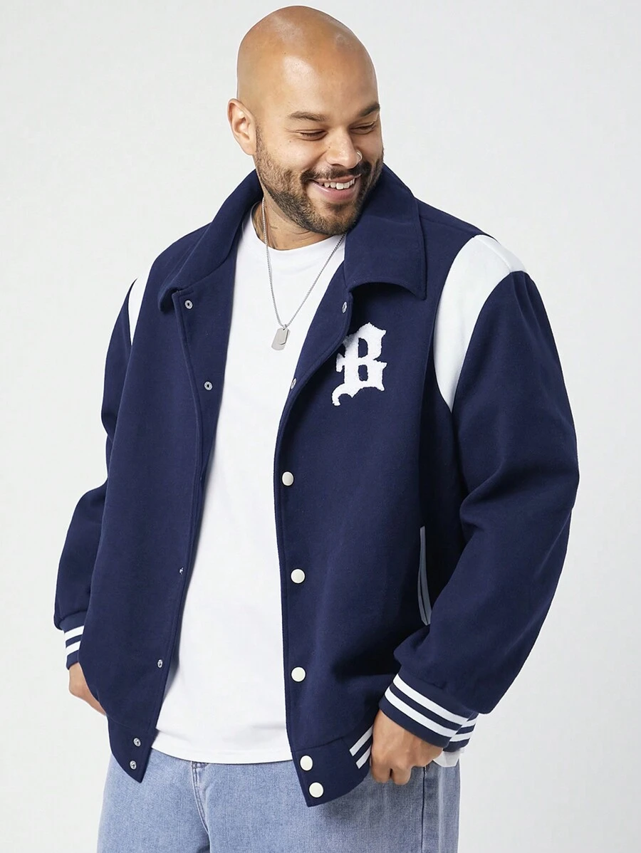 Manfinity VCAY 大码男士拼布领棒球夹克，适合秋冬季 - 彩色 - 查看 1