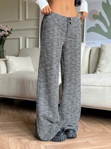 SHEIN EZwear Quần ống rộng in họa tiết toàn thân thiết kế nút thắt eo cho nữ - Xám - Xem 5