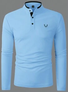 Manfinity Homme Men's Deer Antler Embroidery Half Zip Long Sleeve Polo Shirt, Autumn, For Fall - Blue - View 4