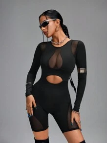 Innovista Women's Mesh Breathable Backless Skinny Long Sleeves Jumpsuit, Black Jumpsuit Workout, Jumpsuits For Woman, Jumpsuit, Tennis Women Outfits, Tummy Control & Butt-Lifting Overall Shorts, Yoga, Gym, Biker, Spandex, Fall Wear - Black - View 7