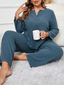 V-Neck Fleece Ribbed Long Sleeve Plus Size Pajama Set