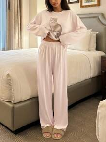 DAZY Cat Print Polka Dot Loose Pajama Set, Fall Winter Clothes