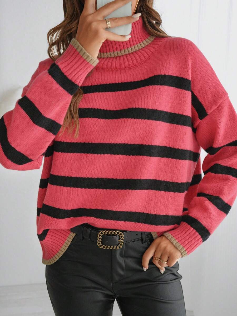 Chiquease New Loose Knit Jumper Sweater, Casual & Comfortable European And American Style, Stripe Pattern, Soft Fabric, Suitable For Autumn/Winter Knit Pullover Fall Outfit