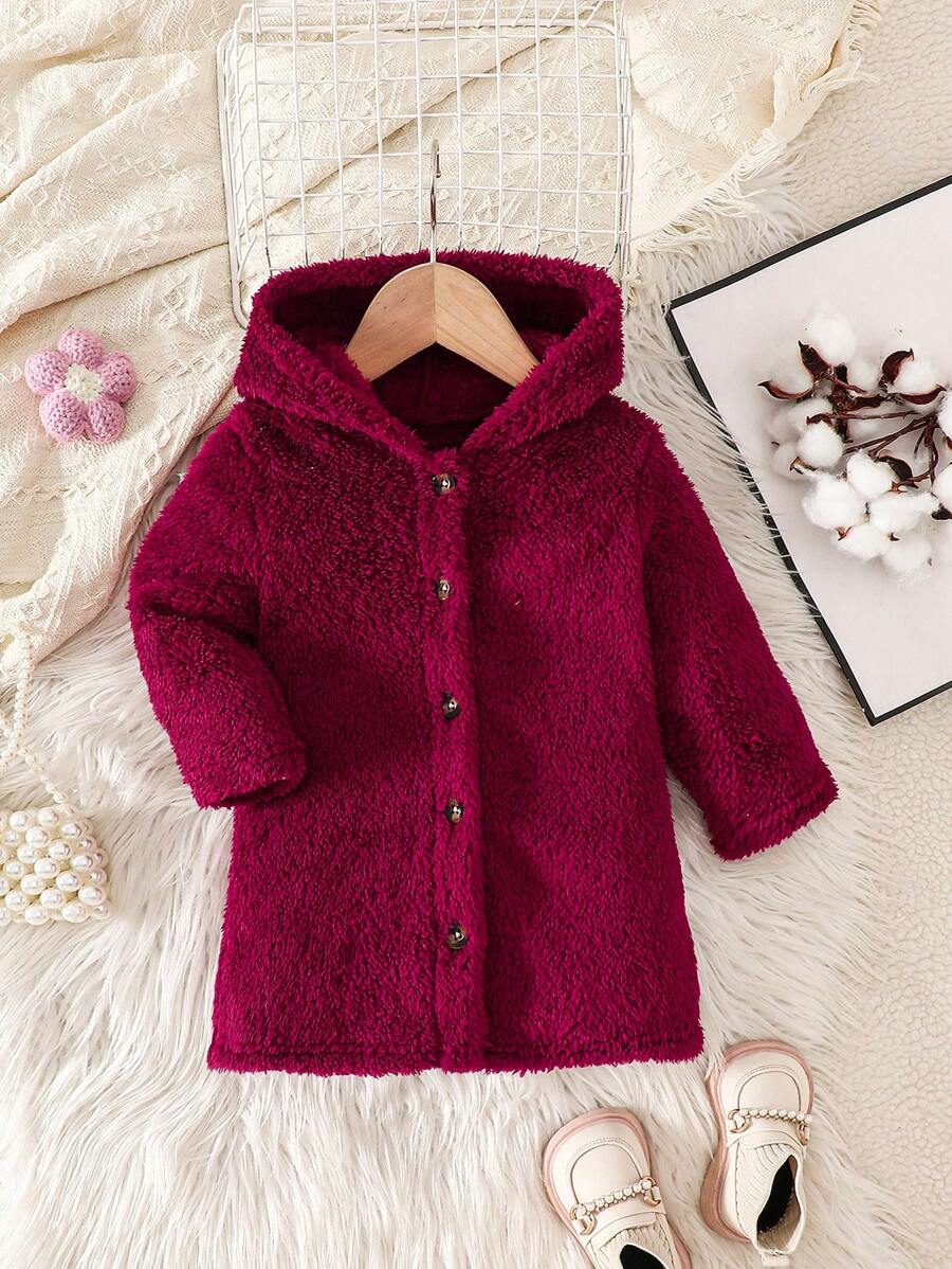 Infant Plain Front Button Long Sleeve Minimalist Hooded Padded Coat - Burgundy - View 1