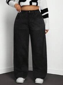 SHEIN ICON Women's Plus Size Straight Leg Boyfriend Jeans - Black - View 1