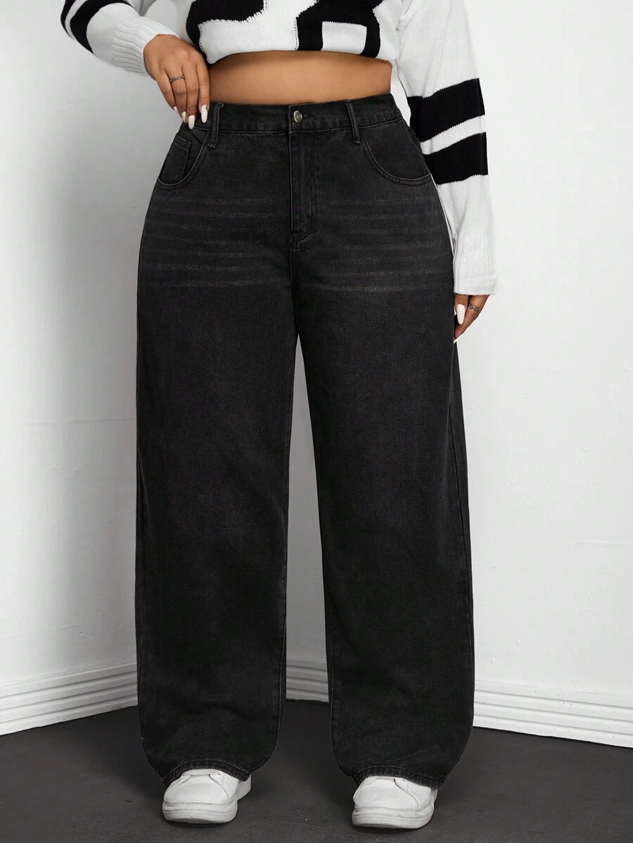SHEIN ICON Women's Plus Size Straight Leg Boyfriend Jeans - Black - View 1