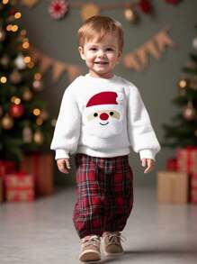 SHEIN Playful Pals 年轻男孩圣诞老人图案羊毛运动衫和格子裤两件套，适合冬季、节日、派对、家庭聚会、居家 - 彩色 - 查看 3