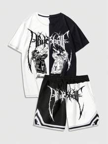 ROMWE MEN Grunge Punk Camiseta con gráfico de esqueleto de dos tonos y pantalones cortos con cordón en la cintura para hombres, escuela - Blanco y Negro - Ver 3