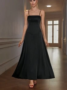 SHEIN Privé Elegant Party Style Adjustable Waist Design Sleeveless Dress With Long Flared Hem - Black - View 3