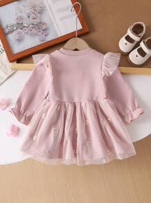 Baby Girl Autumn Casual Cute Daisy Embroidery Net Fabric Pink-Purple Dress, Essential For Everyday Outing & Home Wear