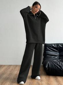 Flirla 2 件套女士纯色落肩长袖宽松休闲毛衣和针织裤套装，适合秋冬季 - 黑色 - 查看 3