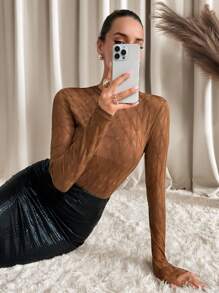 SHEIN Clasi Top de Tricô Elegante e Elegante de Pescoço Alto Marrom com Textura Xadrez, Colarinho Franzido e Ajuste de Renda