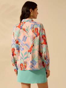 CAJUNI Women's Boho Colorful Parrot Print Loose Fit Drop Shoulder Long Sleeve Blouse, Casual Summer Beach Vacation