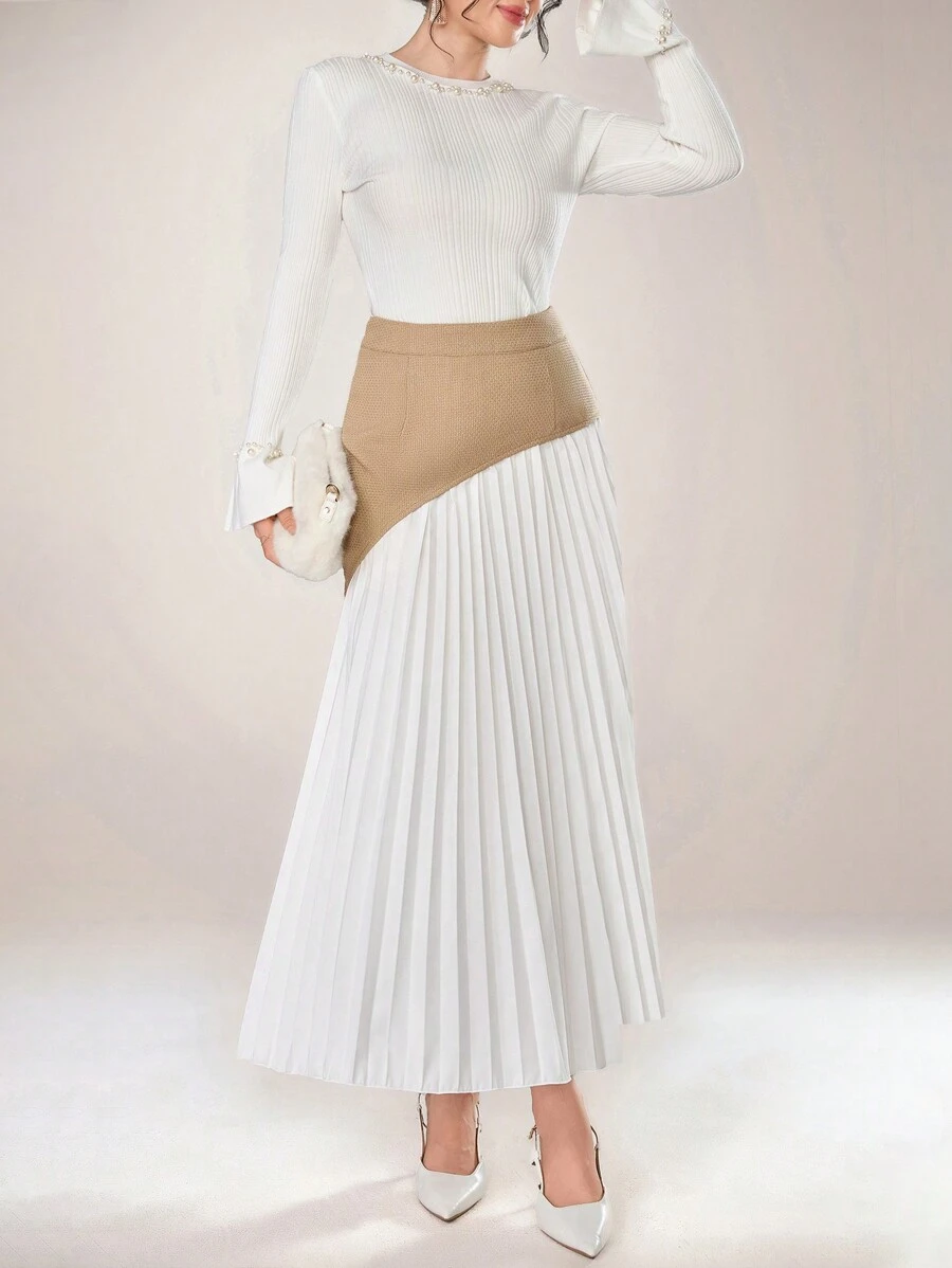 Modelyn Ladies Elegant Pleated Patchwork Skirt Fall Cloth For Women - Multicolor - View 1