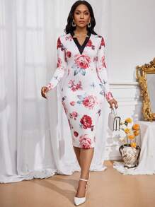 SHEIN Lady Floral Print V Neck Fitted Dress, Elegance For Autumn/Winter - Multicolor - View 3