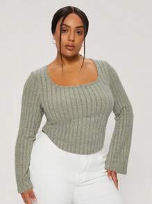 SHEIN BASICS Áo thun cổ vuông tay loe viền bất đối xứng ôm vừa vặn cho nữ cỡ lớn, thường ngày - Màu be - Xem 3