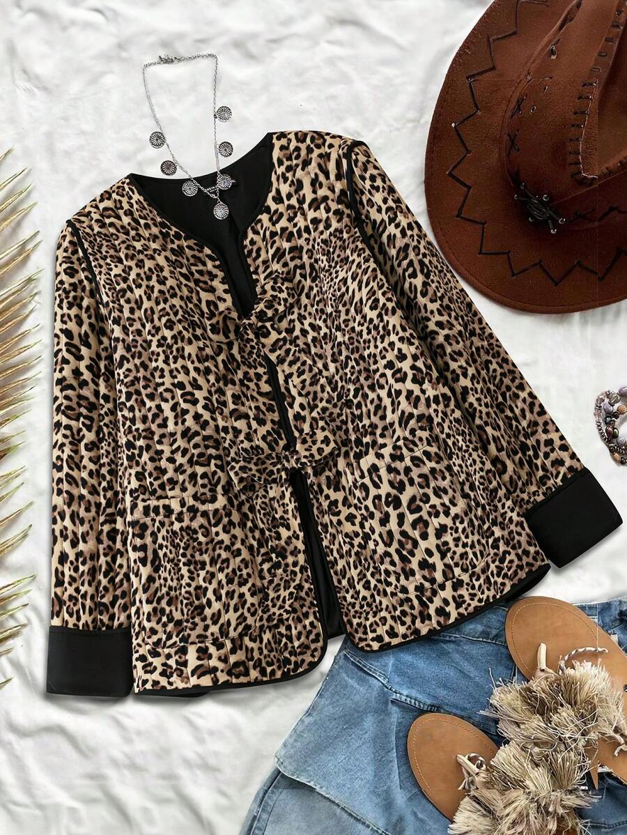 SHEIN LUNE Plus Size Leopard Print Knotted Long Sleeve Padded Coat, Winter Plus Size Fall Clothes - Multicolor - View 1