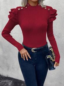 SHEIN LUNE Casual Everyday Button Decor Ruffle Trim Slim Fit Long Sleeve Sweater, Autumn/Winter Knit Pullover Fall - Burgundy - View 4