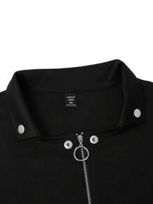 SHEIN LUNE 大码女式纯色拉链不对称下摆优雅长袖夹克 - 黑色 - 查看 5