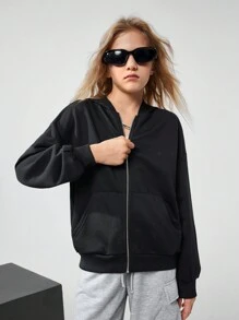 SHEIN Chaqueta con capucha con cremallera minimalista de color negro para niñas preadolescentes
