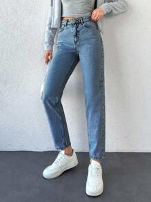 SHEIN Cottnline Zipper Fly Tapered Jeans - Medium Wash - View 3