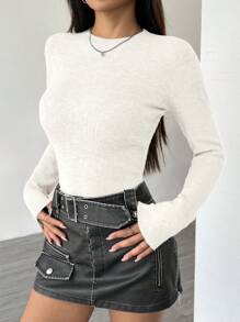 Flirla Suéter casual de manga larga con cuello redondo, ajuste ceñido y unicolor para mujer