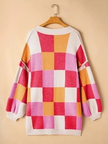 Acelitt 女士彩色格子撞色可爱休闲宽松长袖开衫，秋冬 - 彩色 - 查看 2