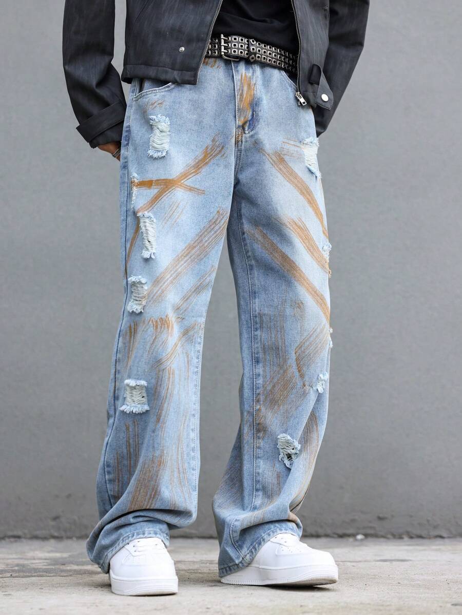 Manfinity EMRG Men's Casual Ripped Distressed Print Loose Fit Washed Denim Jeans, Autumn Light Blue Jeans, For Husband, Boyfriend Gifts - Blue - View 1